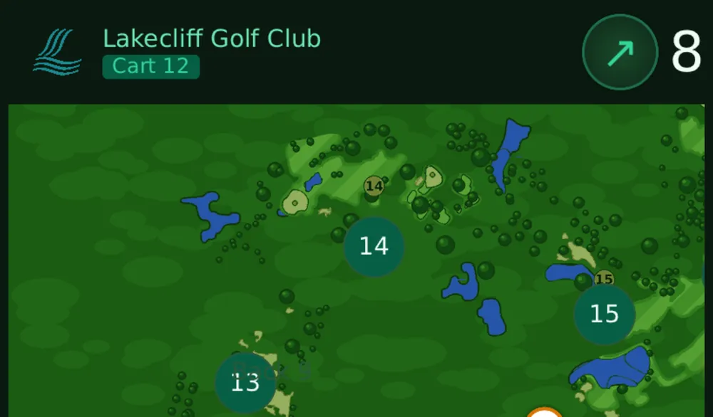 ClubCore golf-cart touchscreen showing an illustrated hole map with live yardages and an on-course ordering menu.