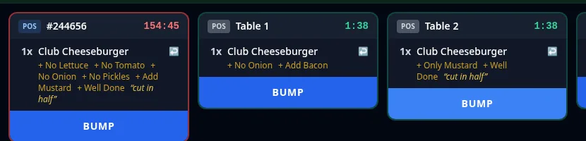 Kitchen display tickets showing cheeseburger orders with modifiers like No Onion, Add Bacon and Well Done.